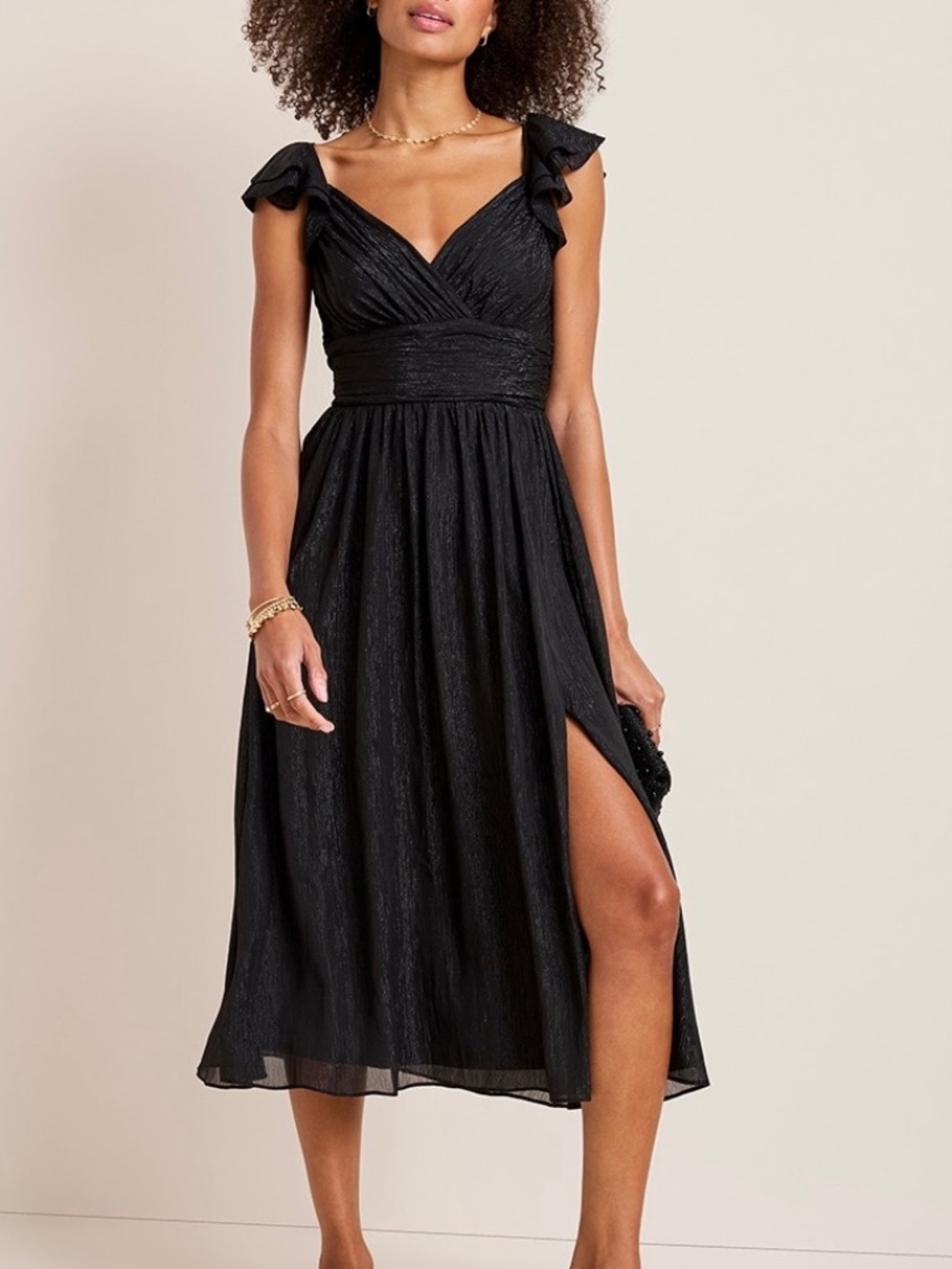 Francesca’s Black Metallic Juliette Ruffle Sleeve Midi Dress NWT